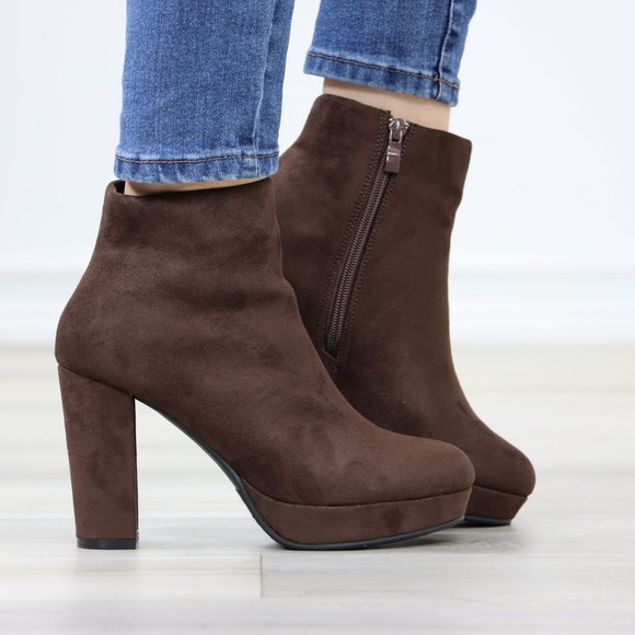 Brown Platform Suede Ankle Booties Block Heeled Boots - Picture 2 of 12